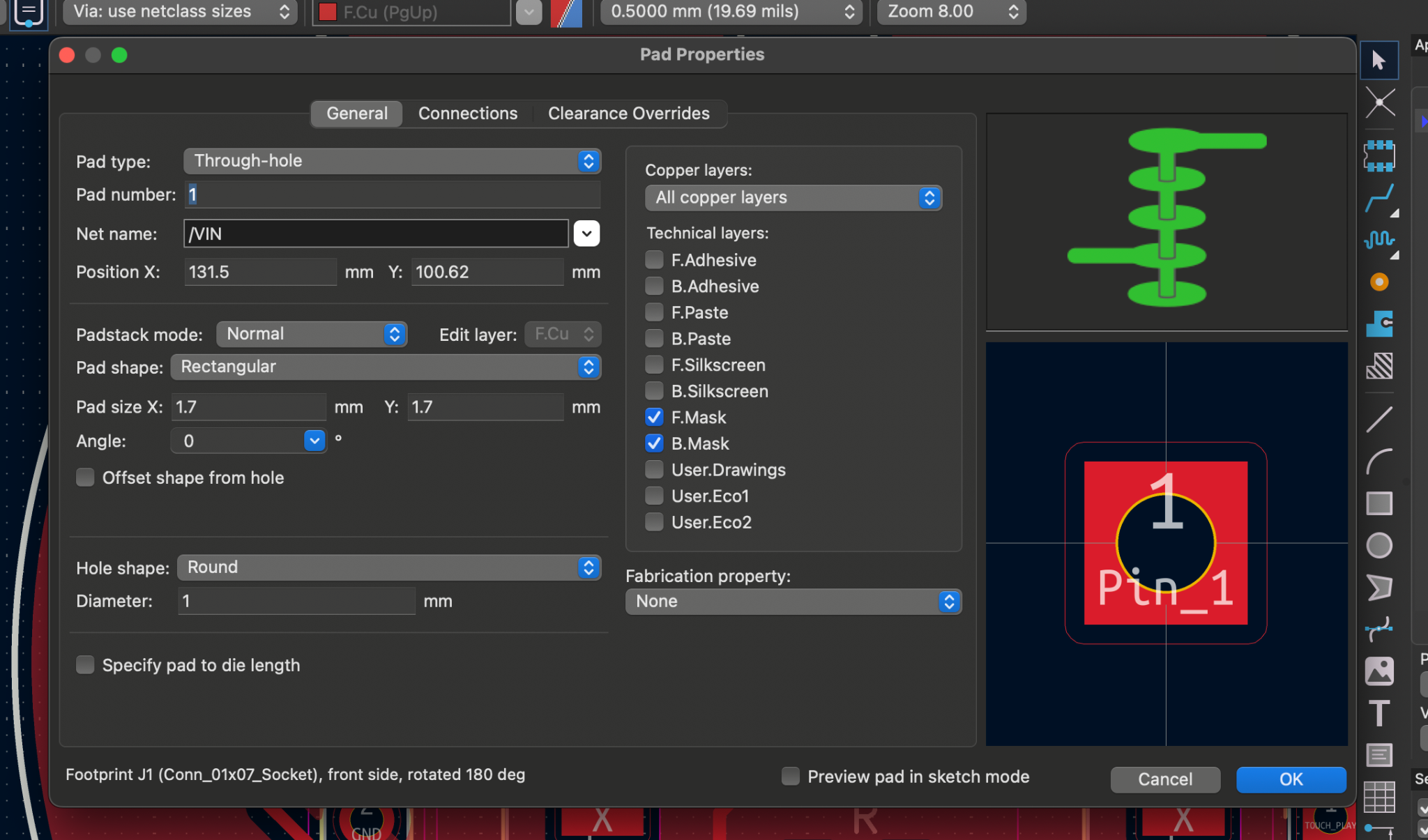 Error dialog while struggling with through-hole settings